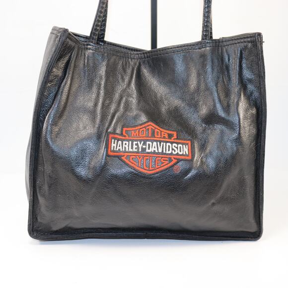 Harley-Davidson Black Leather Shoulder Tote Bag Logo Front - Picture 2 of 7
